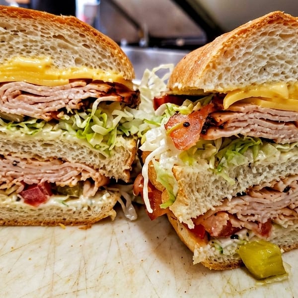 Two halves of a large deli sandwich, filled with turkey, cheese, lettuce, tomato, and sauce.
