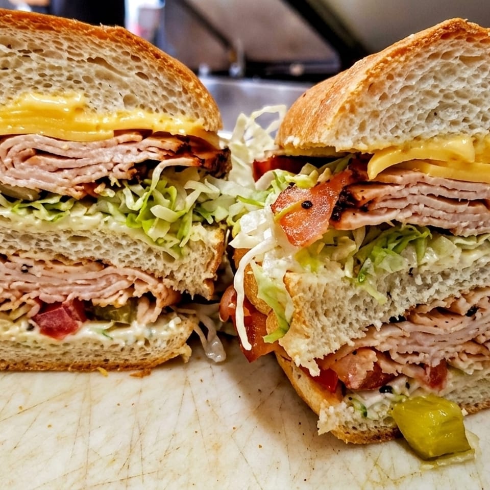 Two halves of a large deli sandwich, filled with turkey, cheese, lettuce, tomato, and sauce.