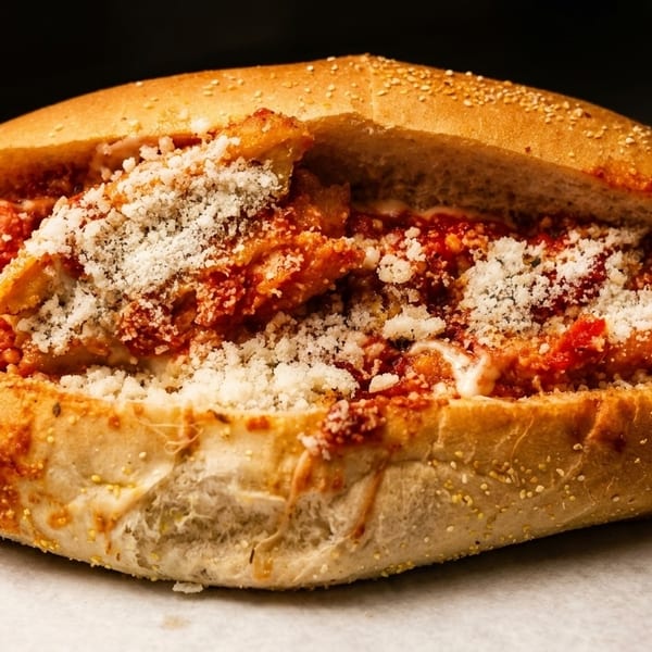 Close-up of a chicken parmesan hero sandwich, overflowing with red sauce and grated cheese.