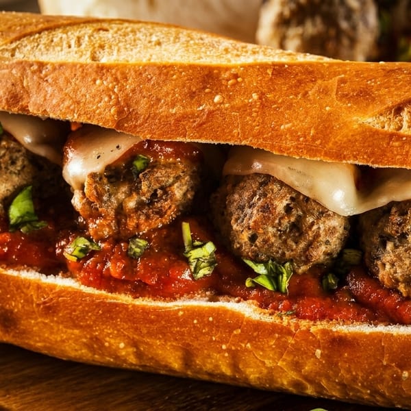 A close-up of a meatball sub with melted cheese, marinara sauce, and fresh basil.