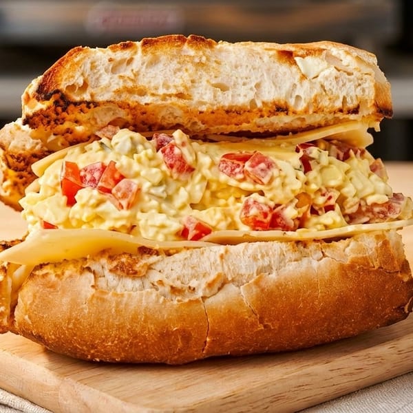 A toasted baguette sandwich filled with egg salad, diced tomatoes, and cheese slices on a wooden board.