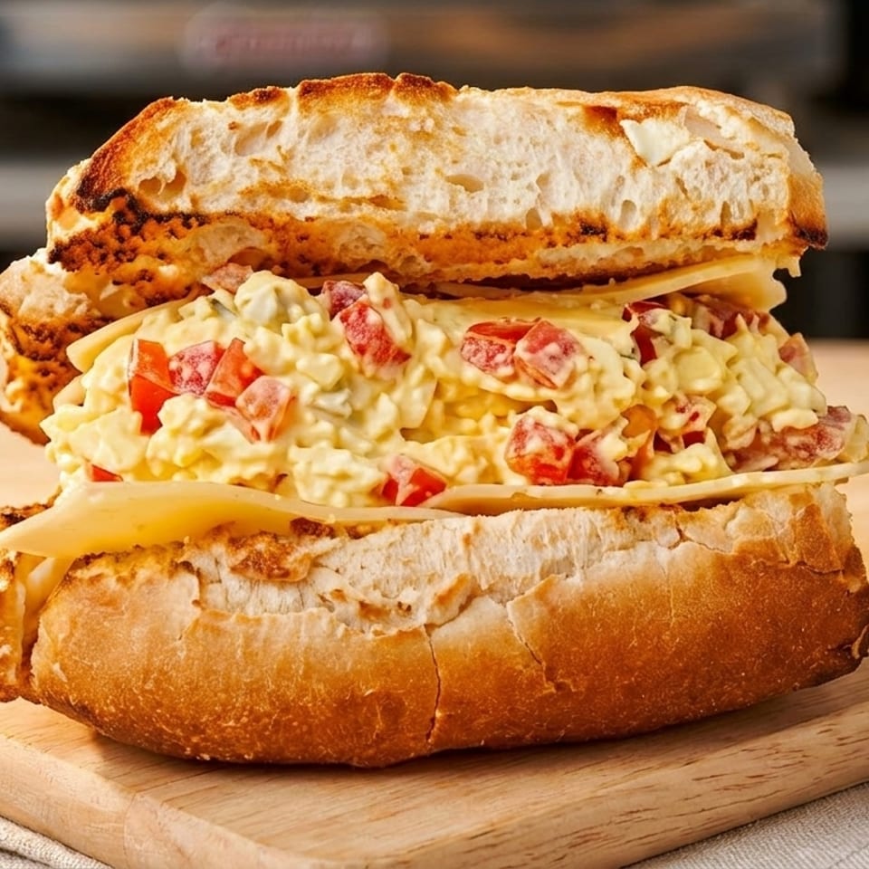 A toasted baguette sandwich filled with egg salad, diced tomatoes, and cheese slices on a wooden board.