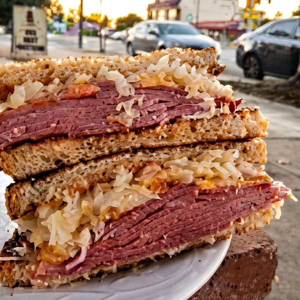 Stacked pastrami and sauerkraut sandwich on toasted rye bread, with a street scene in the background.