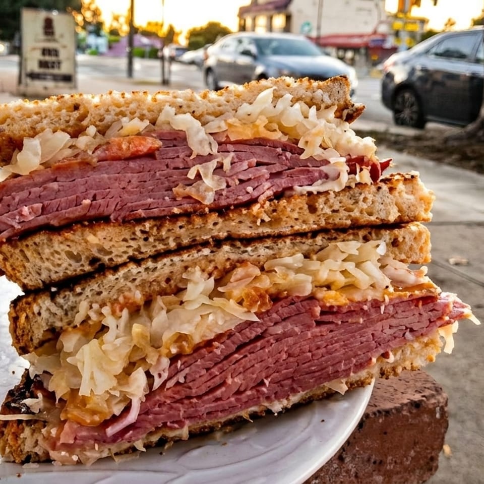 Stacked pastrami and sauerkraut sandwich on toasted rye bread, with a street scene in the background.