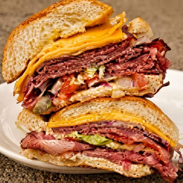 Two halves of a large, stacked deli sandwich with pastrami, cheese, and vegetables on a white plate.